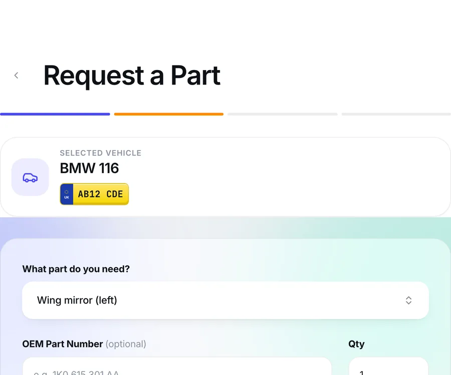 The request form with a left wing mirror selected and a short description